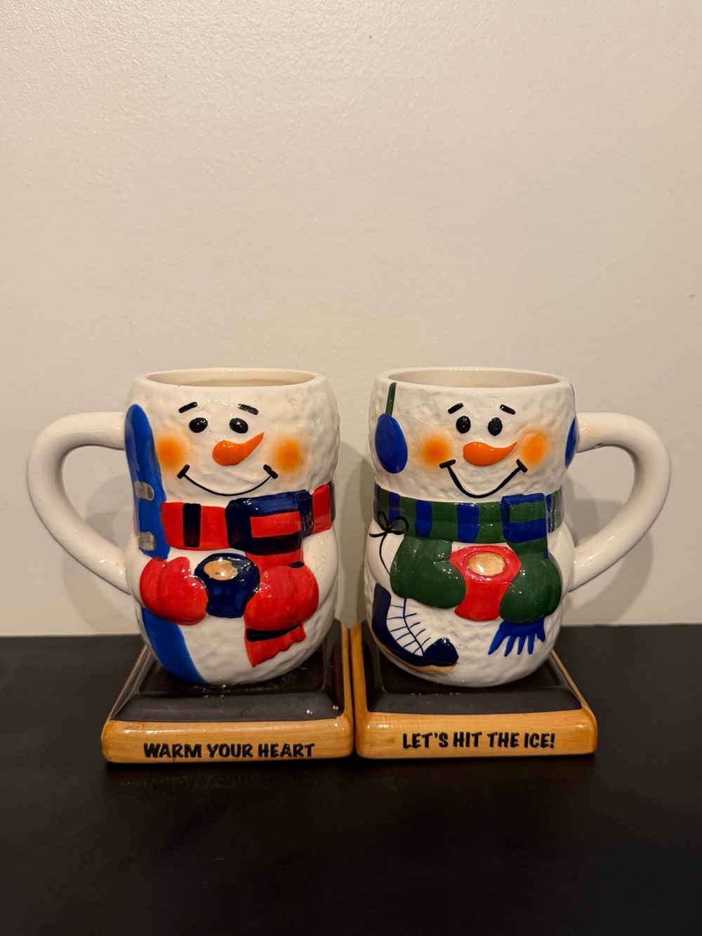 Vintage Bay Island Snowman Mugs Set of 2 Ceramic Christmas “Warm Your Heart”